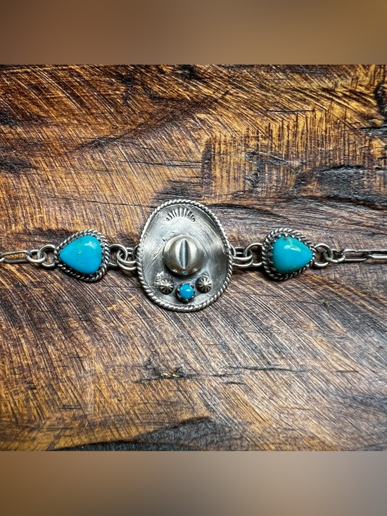 Hand Crafted Jewelry - Kingman Turquoise Cowboy Hat Bracelet Sterling Silver Southwestern